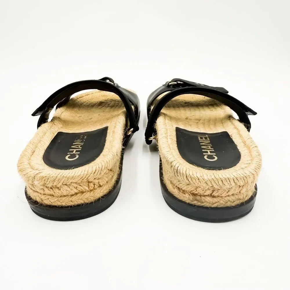 Chanel CC Monogram Black Sandals Espadrille Slides EU 37